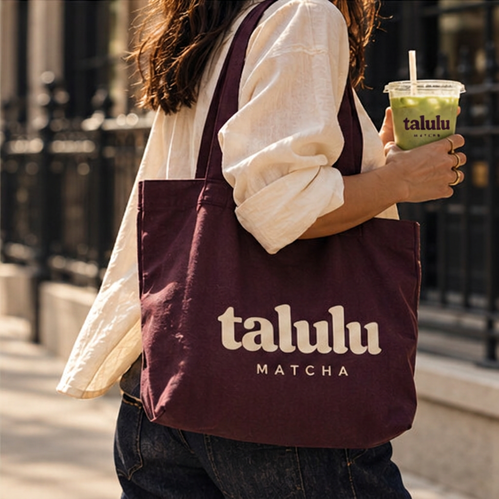 Carrying a Talulu tote and an iced matcha
